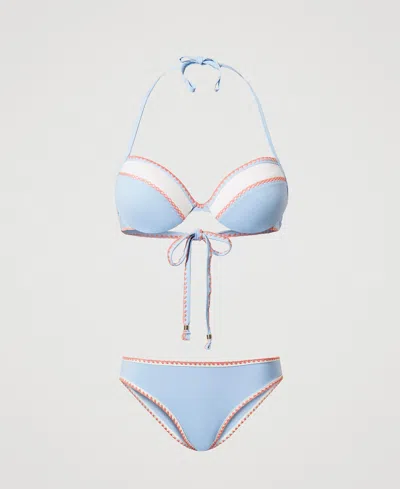 Twinset Haut De Maillot De Bain Push-up Et Slip Brésilien Avec Broderie In Blue