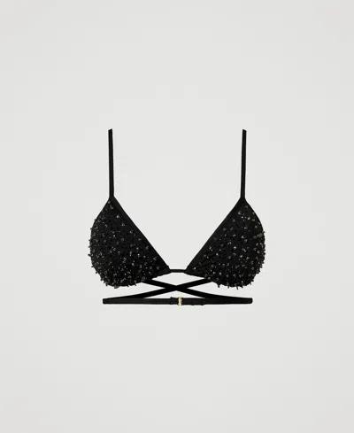 Twinset Haut De Maillot De Bain Triangle Avec Broderie In Black