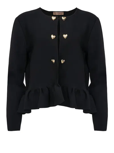 Twinset Heart Button Ruffled Hem Black Jacket