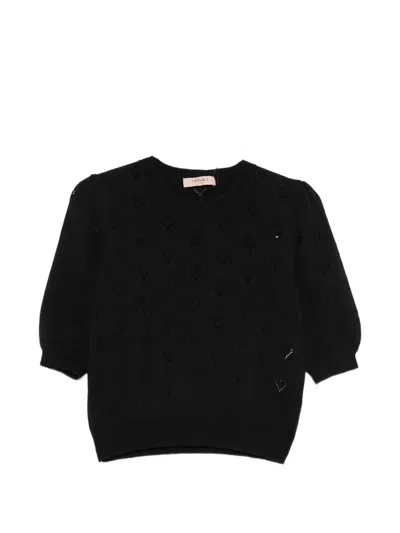 Twinset Heart-pointelle Short-sleeve Sweater In Black