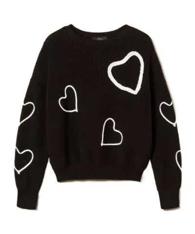 Twinset Hearts-detail Long-sleeve Sweater In Black