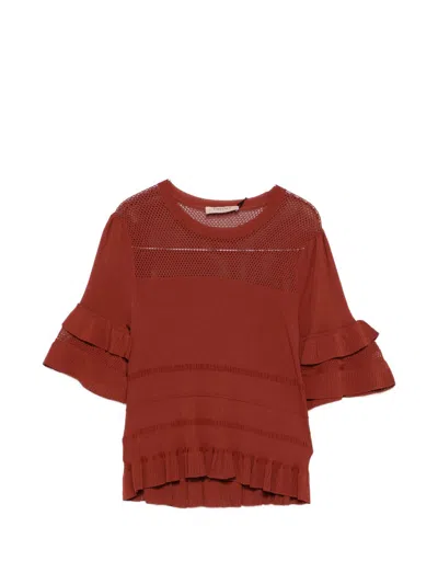 Twinset Henna Brown Knitted Ruffled Sweater In Red