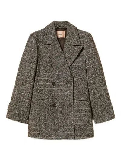 Twinset Herringbone Double-breasted Coat In Brown