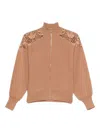 Twinset High Collar Lace Cut-out Coat With Ribbed Hem In Brown