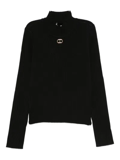 Twinset Kids' High-neck Ribbed Sweater In Black