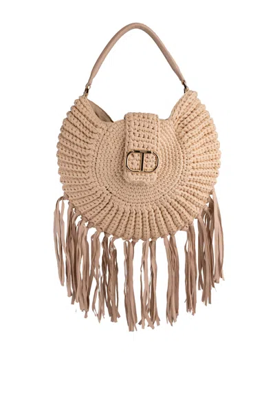 Twinset Hobo Shoulder Bag With Fringes In Naturale