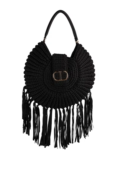 Twinset Hobo Shoulder Bag With Fringes In Nero