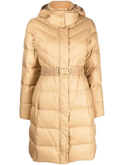 Twinset Hooded Belted Puffer Coat In Neutrals