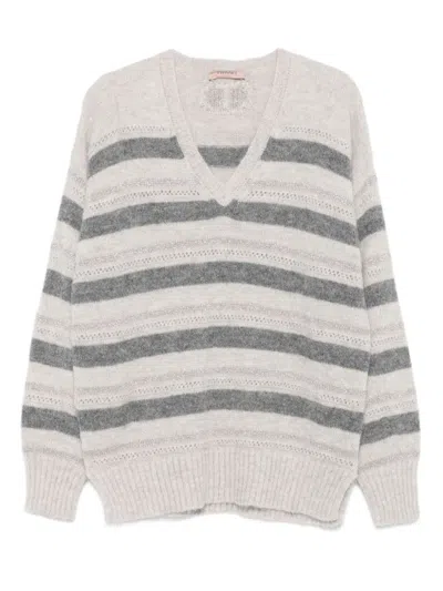 Twinset Horizontal Striped Knit Sweater With V-neckline In Gray
