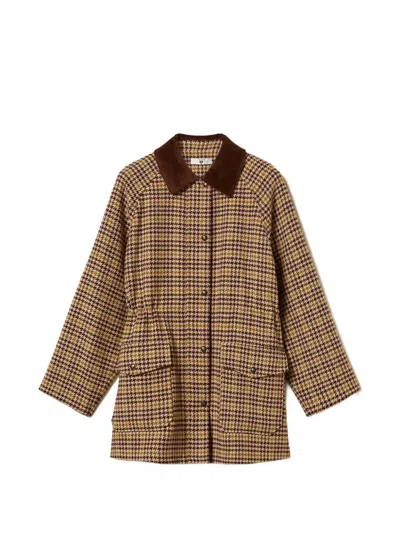 Twinset Houndstooth Jacquard Parka Coat In Brown