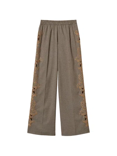 Twinset Houndstooth Palazzo Trousers With Embroidery In Brown
