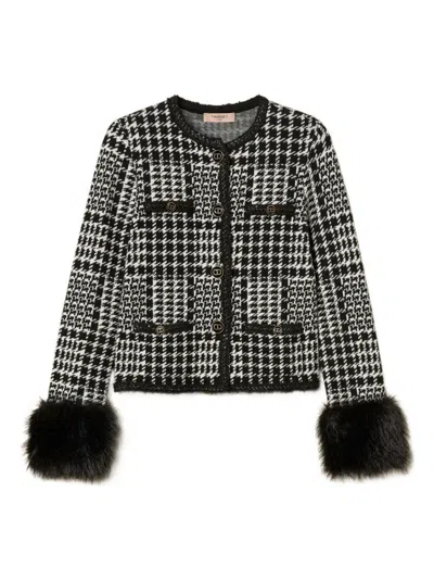 TWINSET HOUNDSTOOTH PATTERN JACKET WITH FAUX FUR ACCENTS
