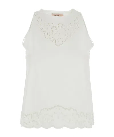 Twinset White Top With Lace Details In Cotton Woman