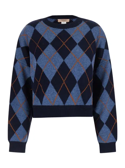 Twinset Intarsia Knit Sweater With Round Neck And Long Sleeves In Blue