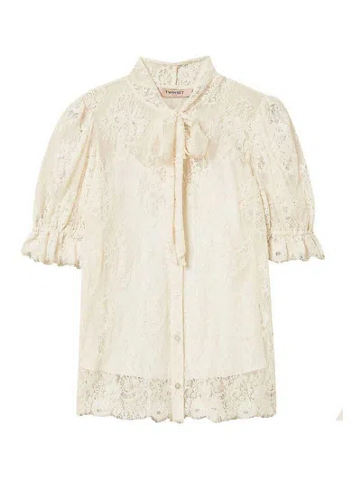 Twinset Ivory Lace Shirt With Lavallire Collar In Neutral