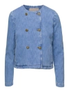 TWINSET LIGHT BLUE DENIM CREWNECK JACKET WITH BUTTONS IN COTTON WOMAN