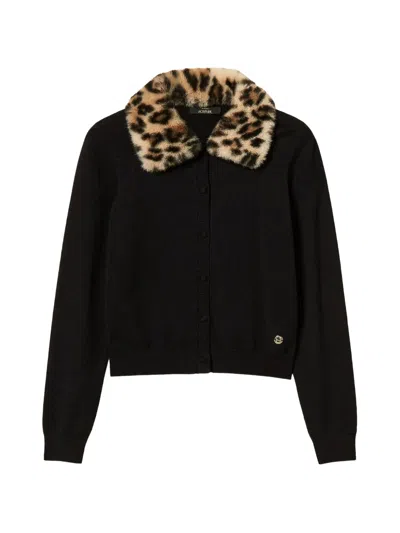 Twinset Jacket With Faux Fur And Knit Collar In Black