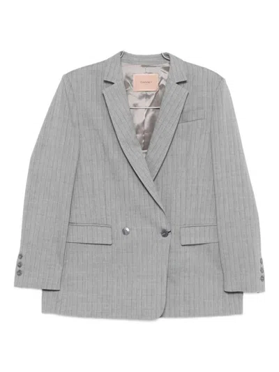 Twinset Pinstriped Double-breasted Blazer In Gray