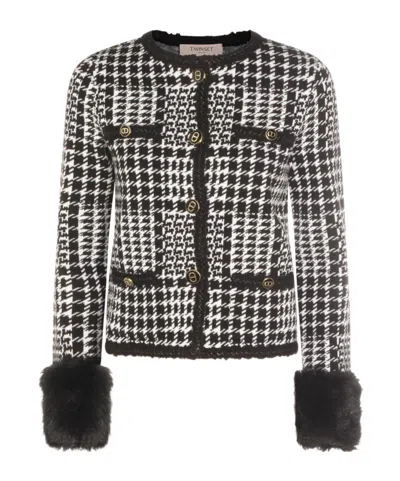 Twinset Knit Jacket With Sophisticated Jacquard Design In Black