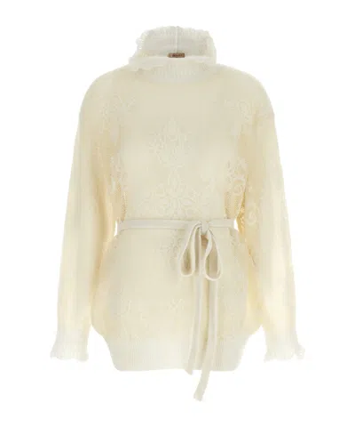 Twinset Jacquard Belted Turtleneck Knitted Sweater In Neutral