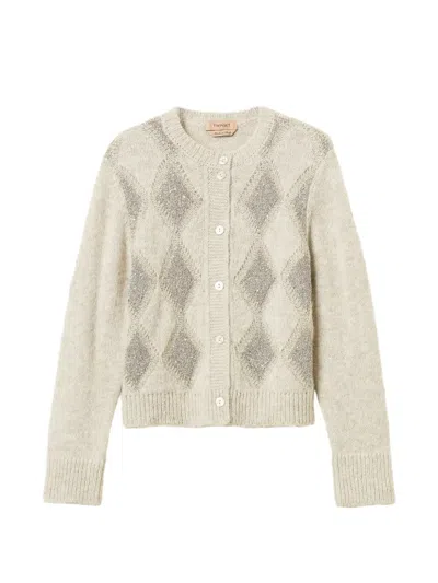 Twinset Jacquard Diamond Cardigan With Sequins In Neutrals