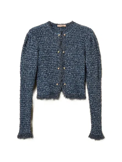 Twinset Jacquard Fringed Jacket In Blue