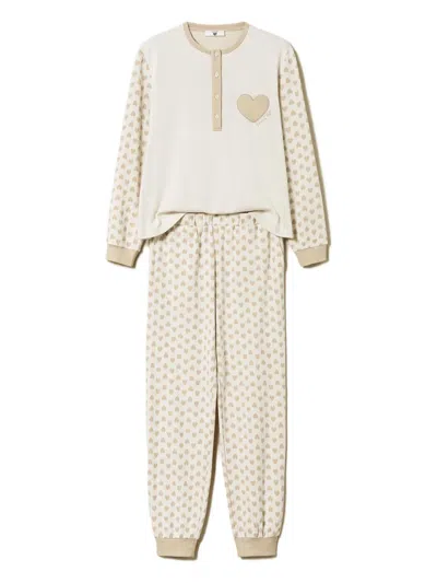 Twinset Jacquard-heart Pajamas In Neutral