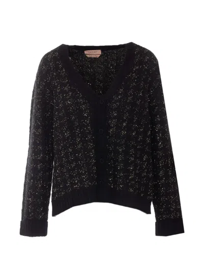 Twinset Jacquard Knit Cardigan With Houndstooth Pattern In Black