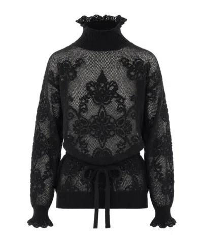Twinset Jacquard Knit Top With Ties In Black