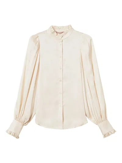 Twinset Jacquard-satin Ruffled Shirt In Neutral