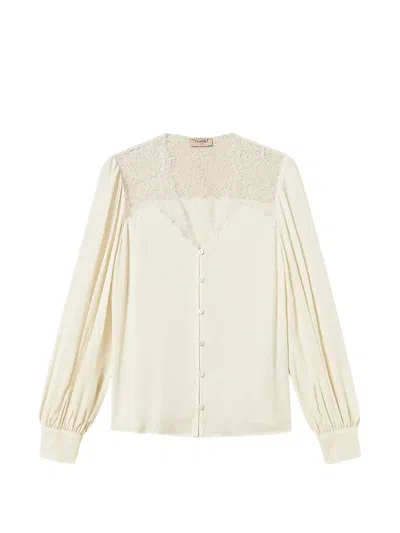 Twinset Jacquard Shirt With Lace Inserts In Neutral