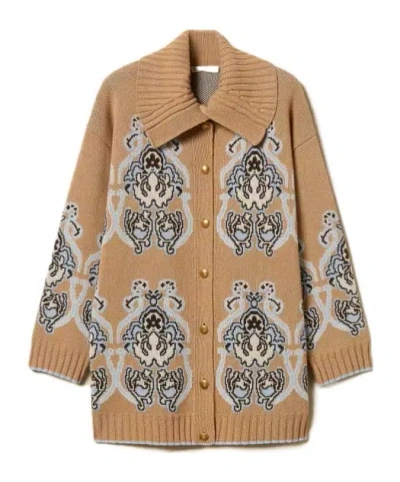 Twinset Jacquard Wool-blend Knit Cardigan In White