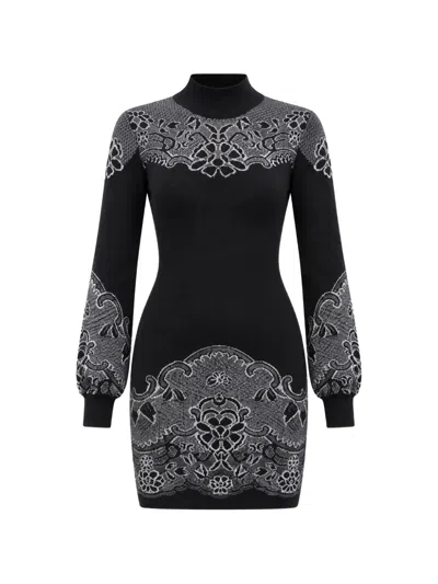 Twinset Jacquard-knit High-neck Mini Dress In Black