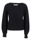 Twinset Black Sweater With Embroidered Collar And Elastic Cuffs In Wool And Cotton Woman In Black