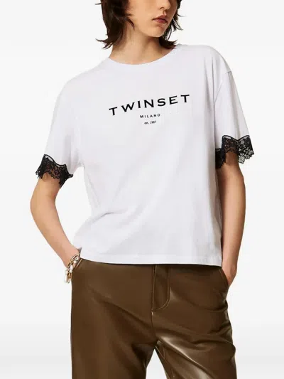 Twinset Jersey T-shirt With Logo And Lace In White