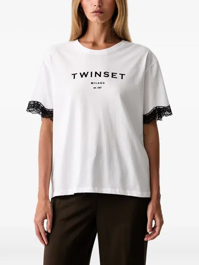 Twinset Jersey T-shirt With Logo And Lace In White