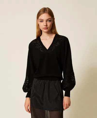 Twinset Jumper With Embroidered Inlays In Black