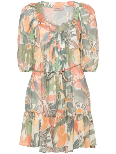 Twinset `jungle Fever` Print Short Dress With Belt In Green
