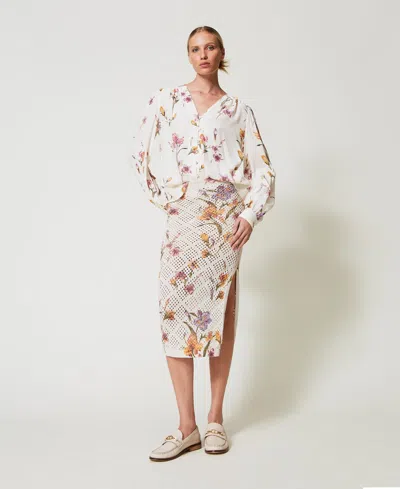 Twinset Jupe En Filet Avec Imprimé Floral In Neutral