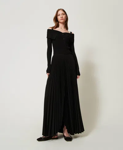Twinset Jupe Longue En Crêpe De Chine Plissé In Black