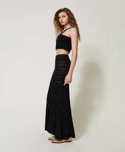 Twinset Jupe Longue En Maille Ajourée In Black