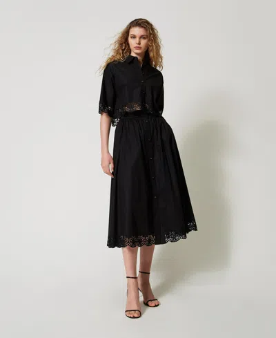 Twinset Jupe Longue En Popeline Avec Dentelle In Black