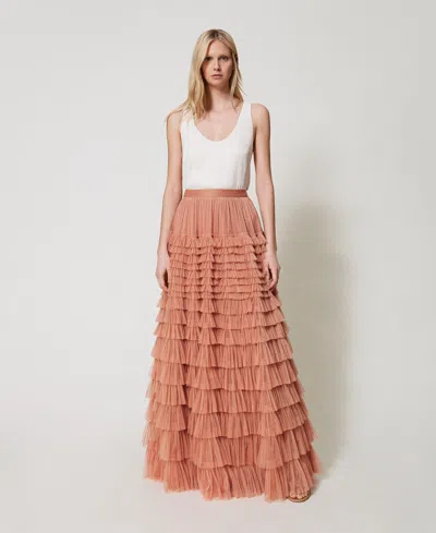 Twinset Long Tulle Skirt With Flounces In Brown