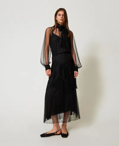 Twinset Jupe Longue En Tulle Avec Volants Plissés In Black