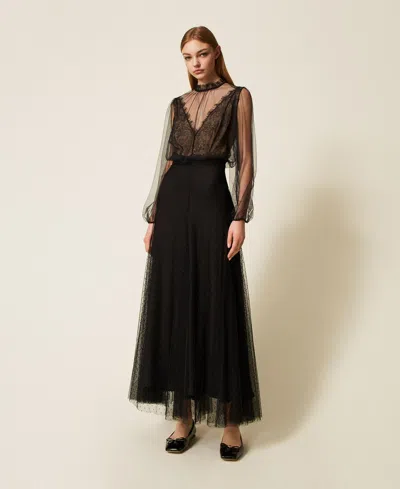 Twinset Jupe Longue En Tulle Plumetis In Black