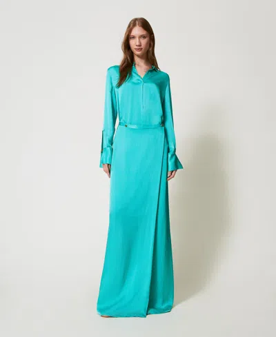 Twinset Jupe Longue Portefeuille En Satin In Blue