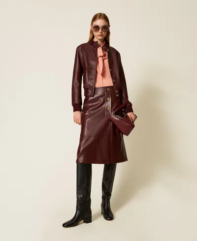 Twinset Jupe Mi-longue Effet Cuir Avec Boutons In Brown