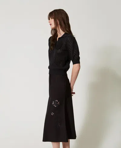 Twinset Jupe Mi-longue En Popeline Avec Broderies In Black