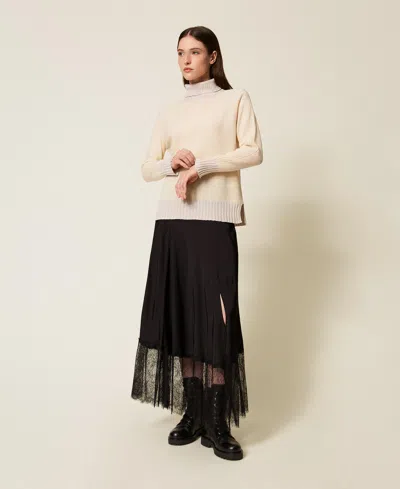 Twinset Jupe Mi-longue En Satin Avec Dentelle In Black