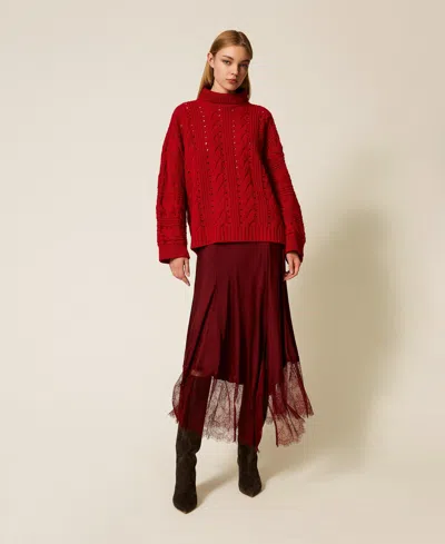 Twinset Jupe Mi-longue En Satin Avec Dentelle In Red